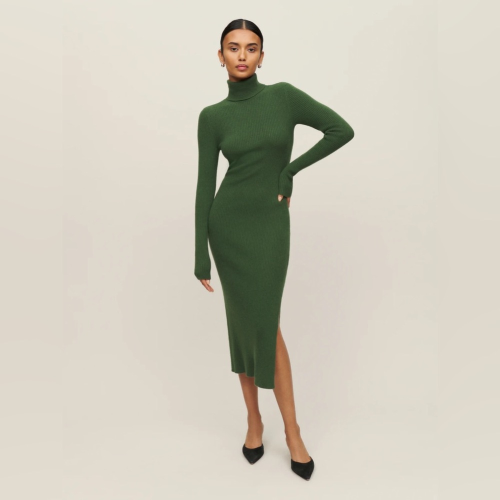 Reformation Women's Cedar Green Robin Cashmere Turtleneck Sweater Dress Medium